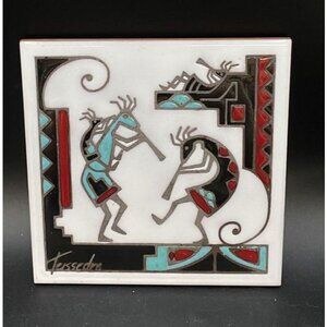 Kokopelli Trivet Tile Cleo Teissedre 1992 Ceramic Art Cork Base 6” X 6”